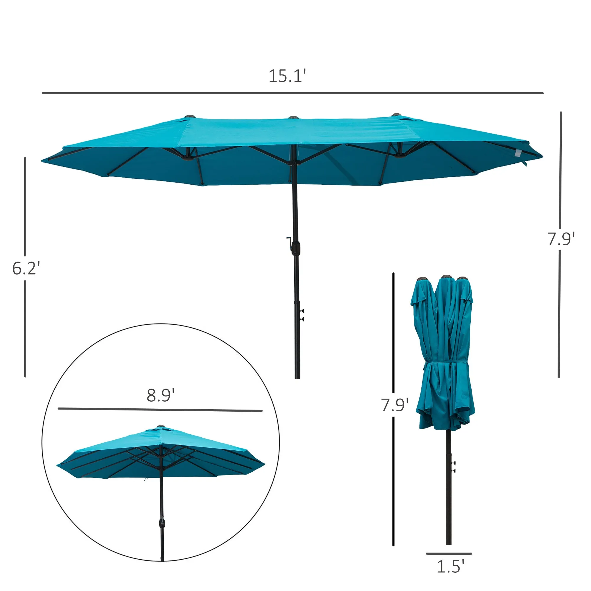 15' Outdoor Patio Twin Canopy Umbrella With Crank - Light Blue