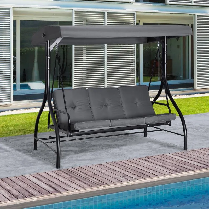 2 in 1 Swing Chair/Bed - 3 Seater Porch Canopy Swing Chair With Metal Frame - Dark Grey