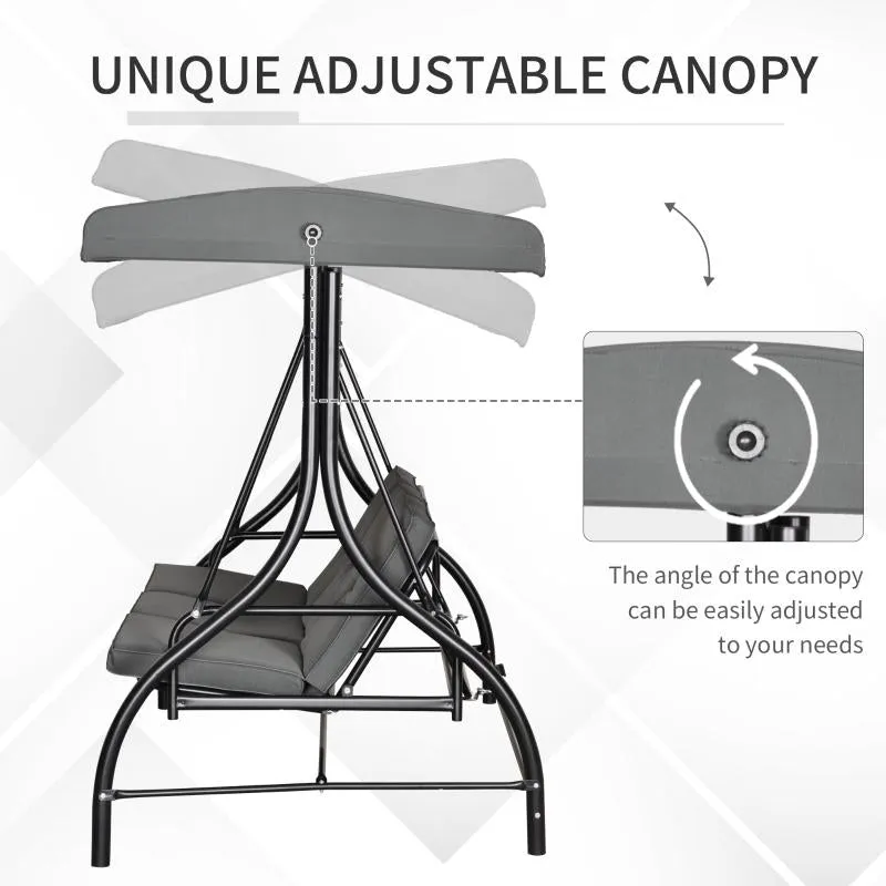 2 in 1 Swing Chair/Bed - 3 Seater Porch Canopy Swing Chair With Metal Frame - Dark Grey