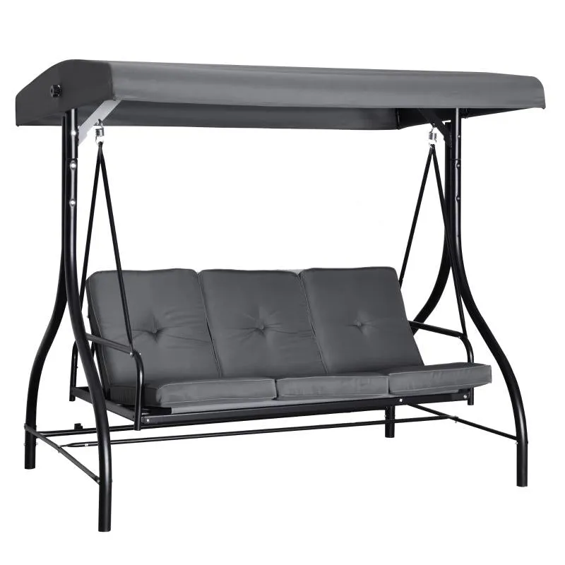 2 in 1 Swing Chair/Bed - 3 Seater Porch Canopy Swing Chair With Metal Frame - Dark Grey