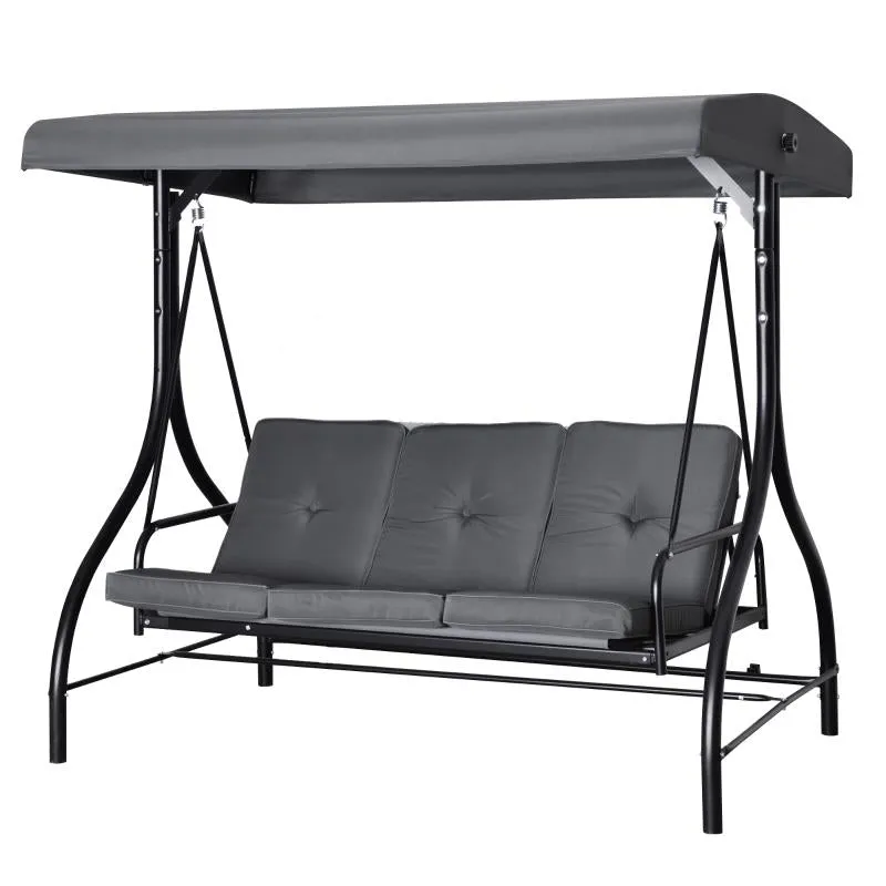 2 in 1 Swing Chair/Bed - 3 Seater Porch Canopy Swing Chair With Metal Frame - Dark Grey