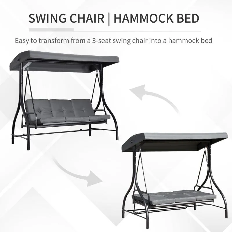 2 in 1 Swing Chair/Bed - 3 Seater Porch Canopy Swing Chair With Metal Frame - Dark Grey