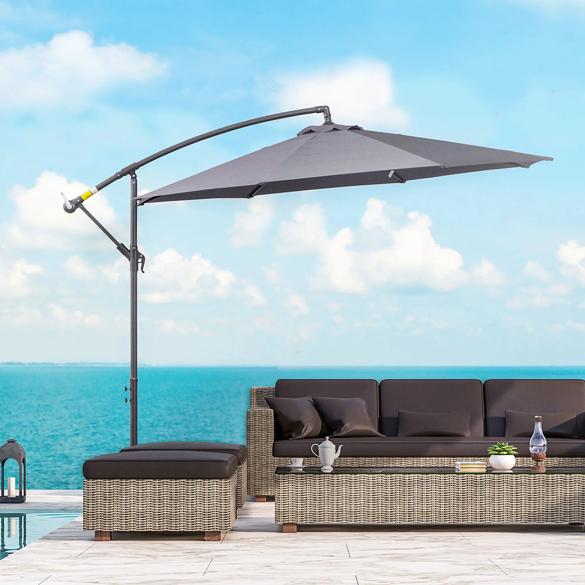 3(m) Garden Banana Parasol Cantilever Umbrella with Crank Handle and Cross Base, 8 Ribs for Outdoor, Hanging Sun Shade, Grey