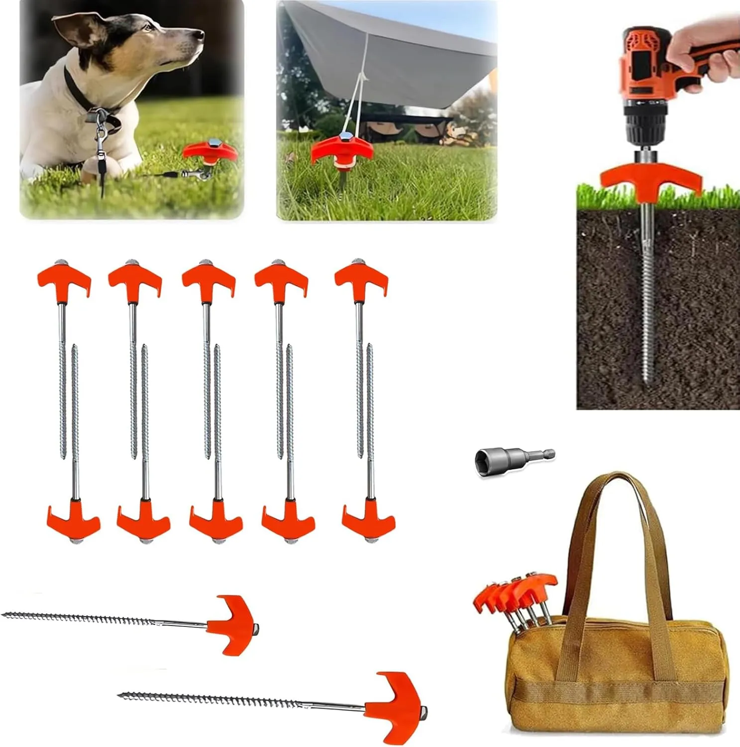 8" Screw in Tent Stakes, Ground Anchors Screw in, Screw in Tent Stakes Heavy Duty, Metal Threaded Tent Spikes, Tent Pegs Camping Stakes, Tent Stakes for Camping (12pcs,with Hex Head and Storage Bags)