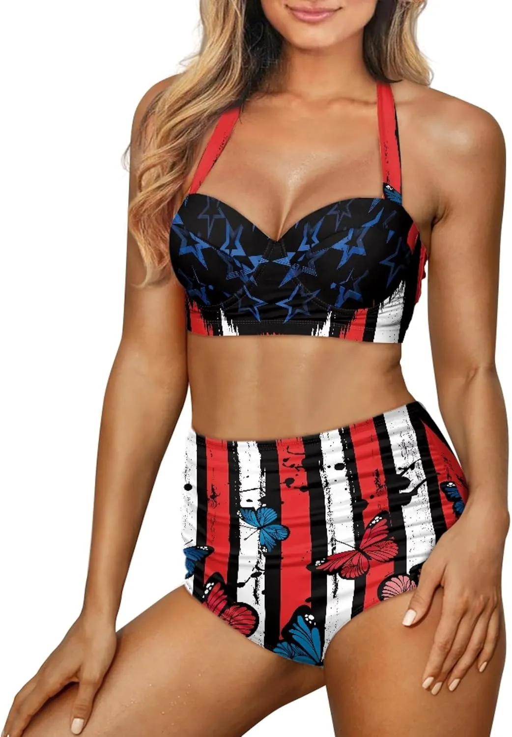 Butterfly Women's Retro Ruched Ruffle High Waist Bikini Set, Flag Tankini Swimsuits Tummy Control Swimwear