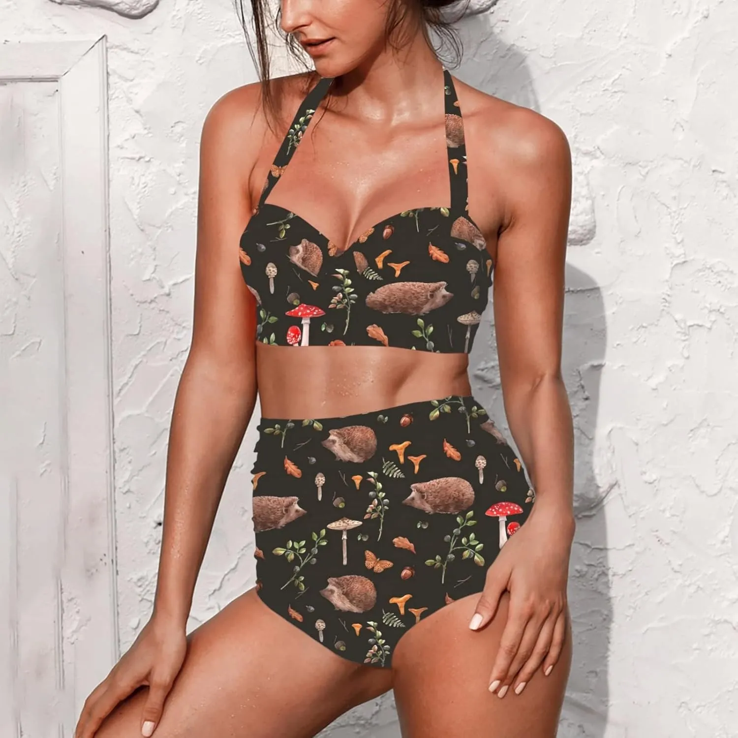 Butterfly Women's Retro Ruched Ruffle High Waist Bikini Set, Flag Tankini Swimsuits Tummy Control Swimwear