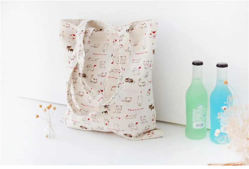 Cat Printed Linen Shoulder Bag