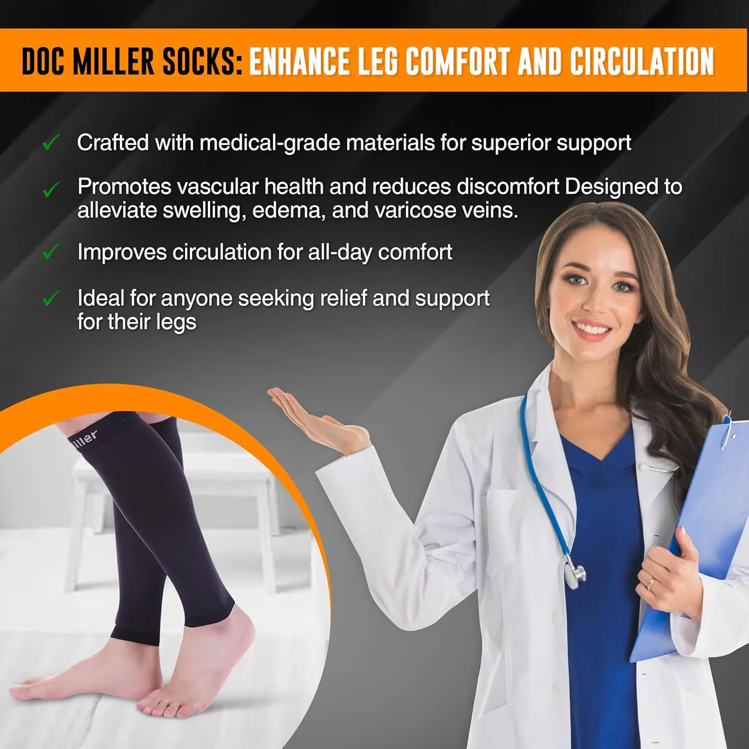Doc Miller Compression Calf Sleeve for Men & Women, Premium Medical Grade, 20-30mmHg Graduated, Shin Splints, 1 Pair