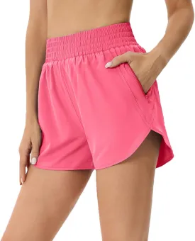 Elastic High Waisted Quick Dry Running Shorts for Women Athletic Workout Gym Dolphin Shorts with Zipper Pockets