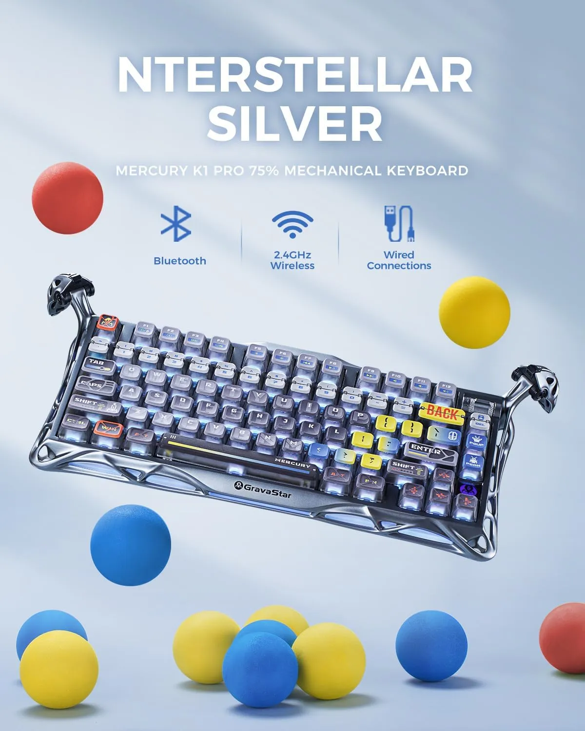 GravaStar Mercury K1 Pro Wireless Gaming Keyboard, Aluminum Alloy, 75% Layout Custom Keyboard, Designed for Durability & Unique Aesthetic (Interstellar Silver)