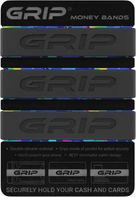 Grip Money Bands (Pack of 3) - BLACK - Premium Silicone Band for Cash & Cards - Slim & Durable Design
