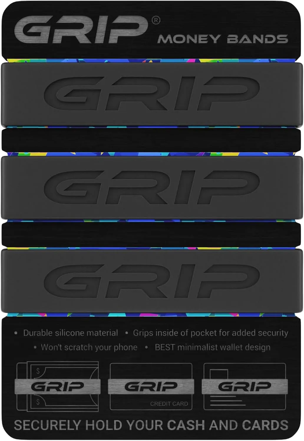 Grip Money Bands (Pack of 3) - BLACK - Premium Silicone Band for Cash & Cards - Slim & Durable Design