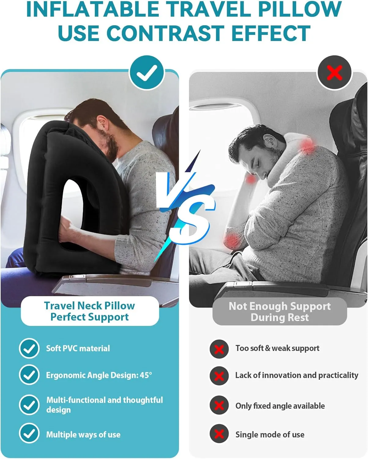 JefDiee Inflatable Travel Pillow, Airplane Neck Pillow Comfortably Supports Head and Chin for Airplanes, Trains, Cars Office Napping on The Tray Table (Black)