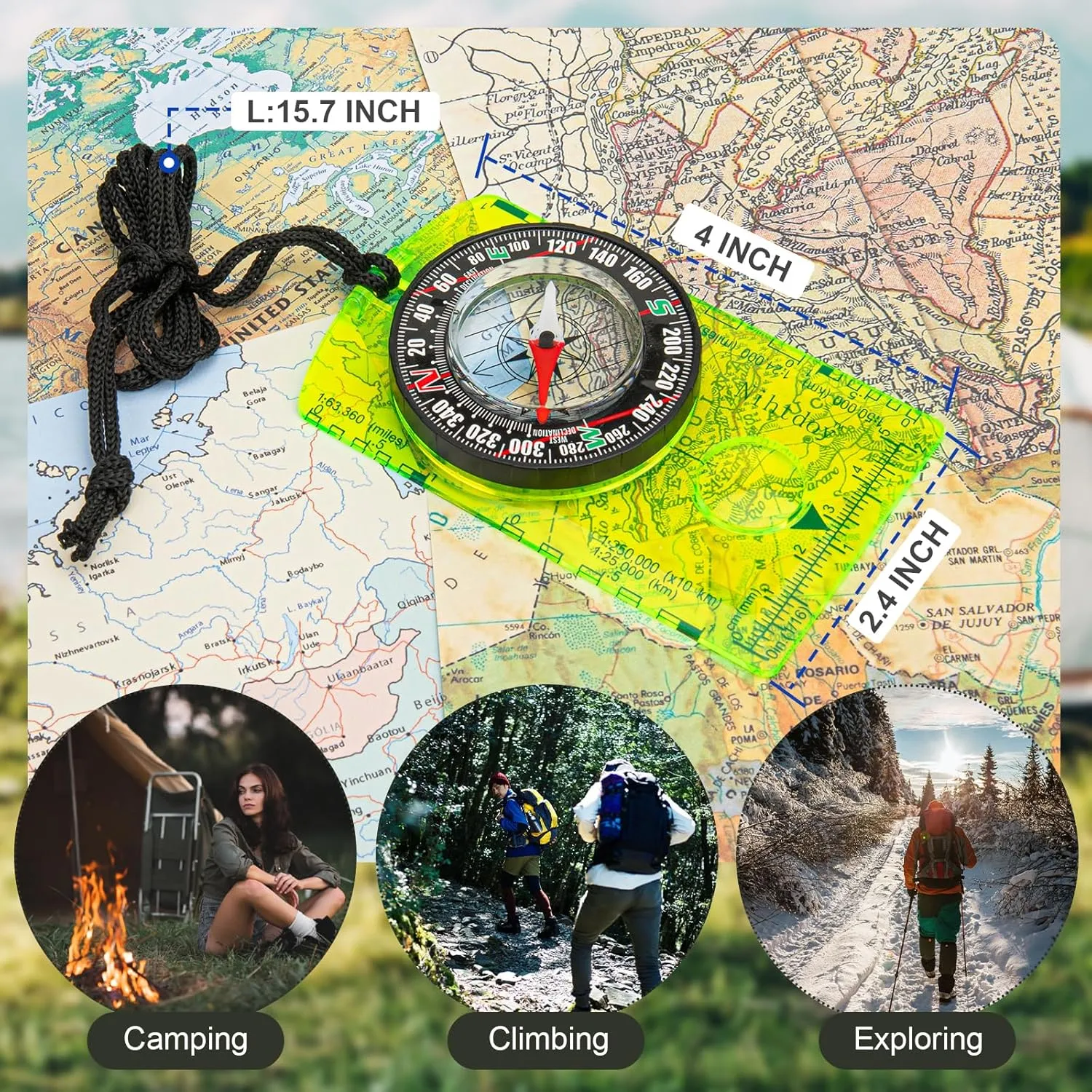 Multipurpose Outdoor Compass for Hiking, Scouting, Camping, and Navigation - Liquid-Filled, Transparent Base with Measuring Scales, Durable and Compact