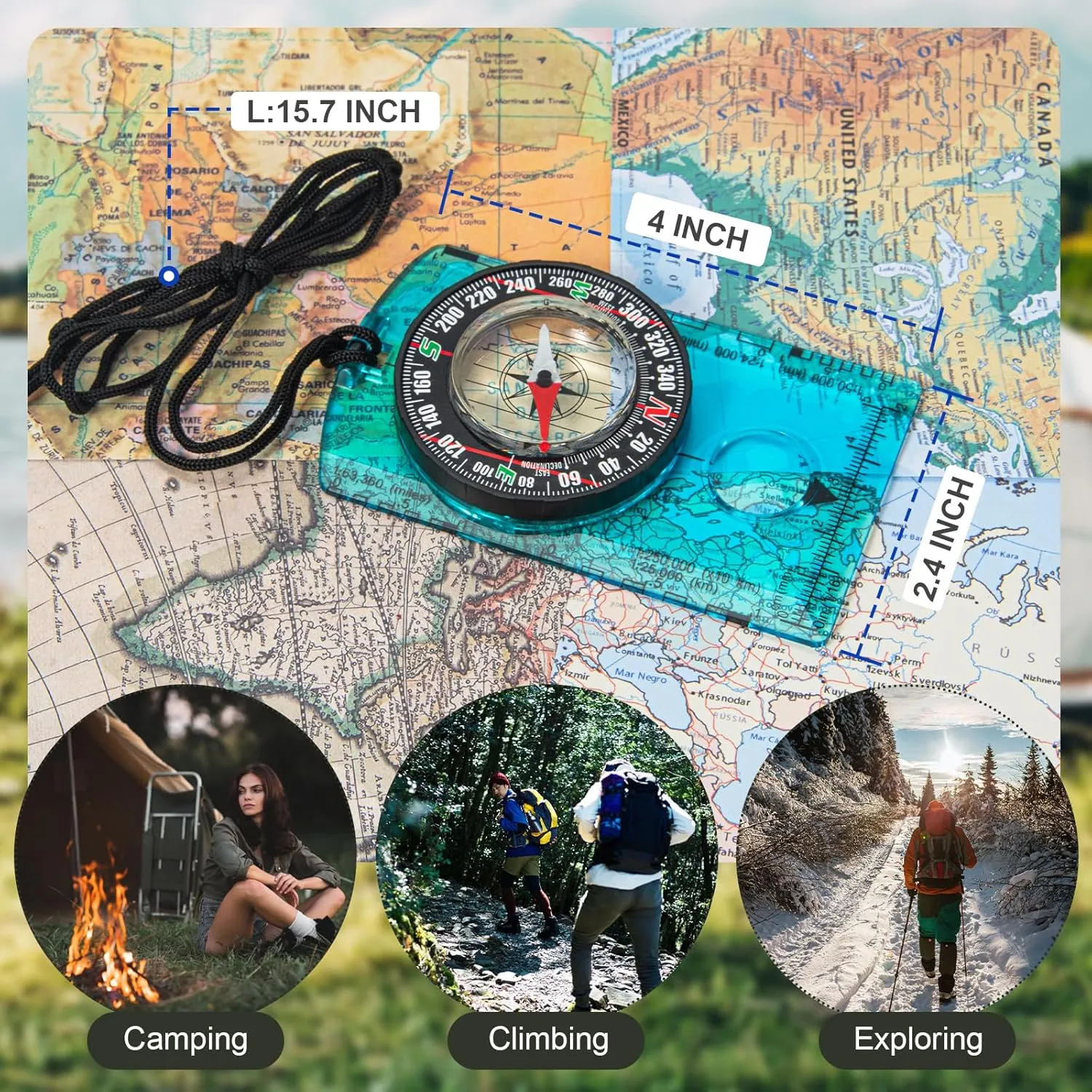 Multipurpose Outdoor Compass for Hiking, Scouting, Camping, and Navigation - Liquid-Filled, Transparent Base with Measuring Scales, Durable and Compact