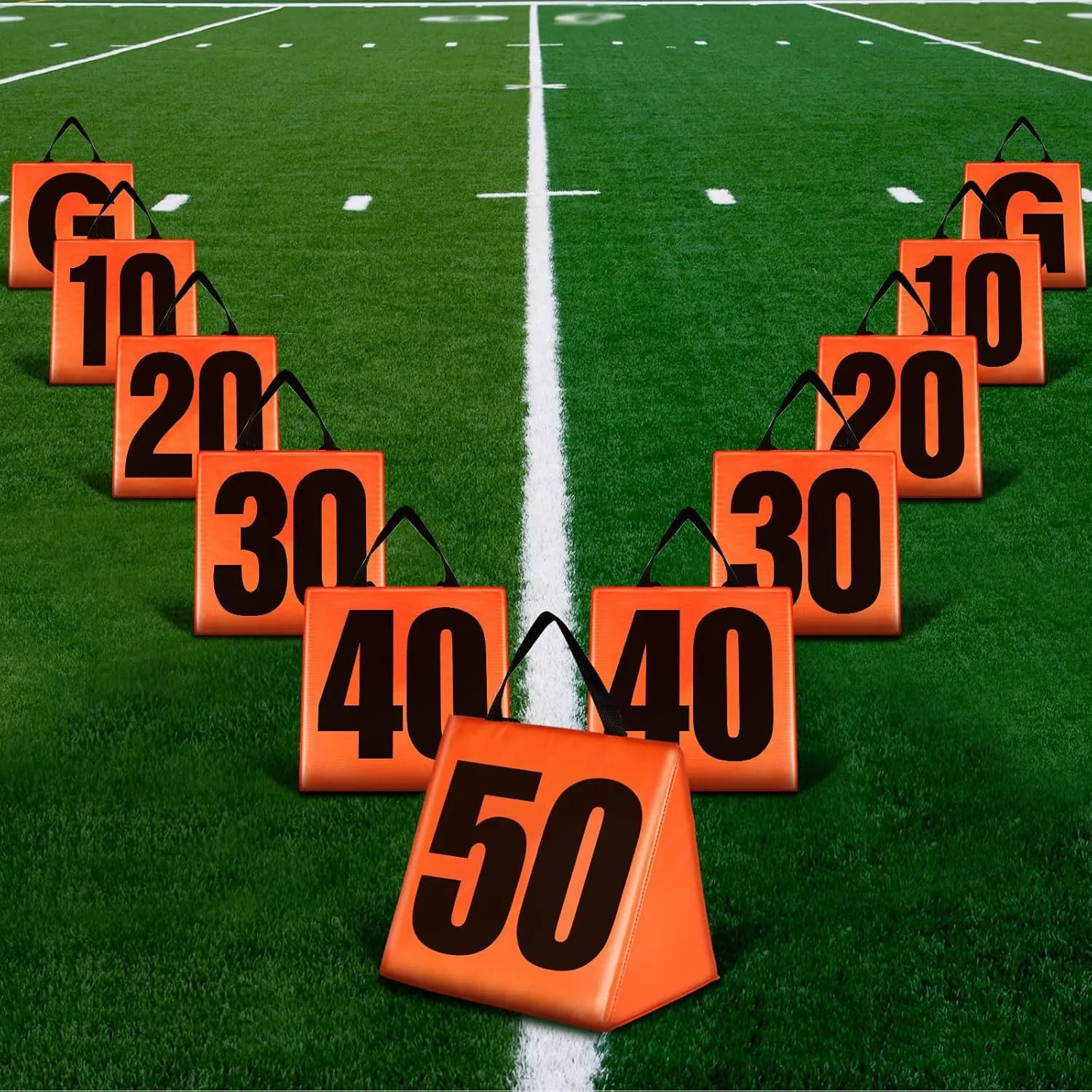 Solid Weighted Football Field Markers(1.5 kg Each) 13 Inch Set of 11 PVC High Visibility Football Yard Line Markers with Black Nylon Handle Solid Orange Football Goal Markers for Sports