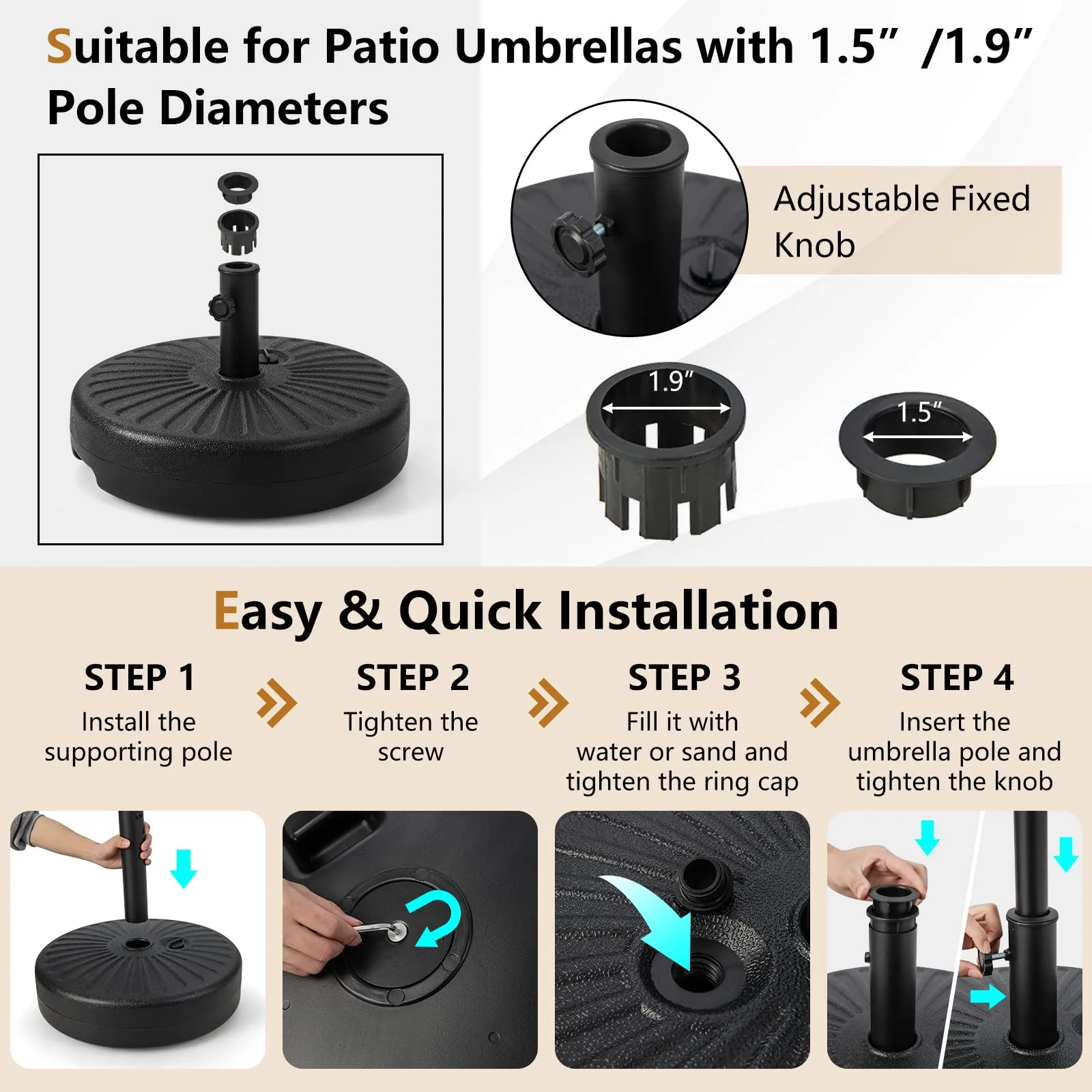 Tangkula Fillable Umbrella Base Stand, 75 lbs Water & Sand Filled Heavy Duty 20 Inch Round Patio Outdoor Umbrella Weight Base