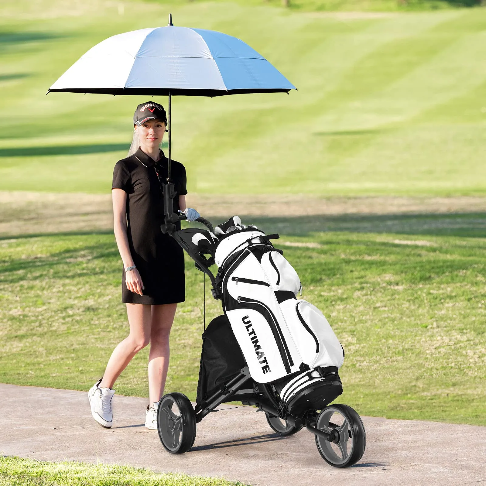 Tangkula Golf Push Pull Cart, Lightweight Aluminum Collapsible 3 Wheels Golf Push Cart, Golf Trolley w/Storage Bag