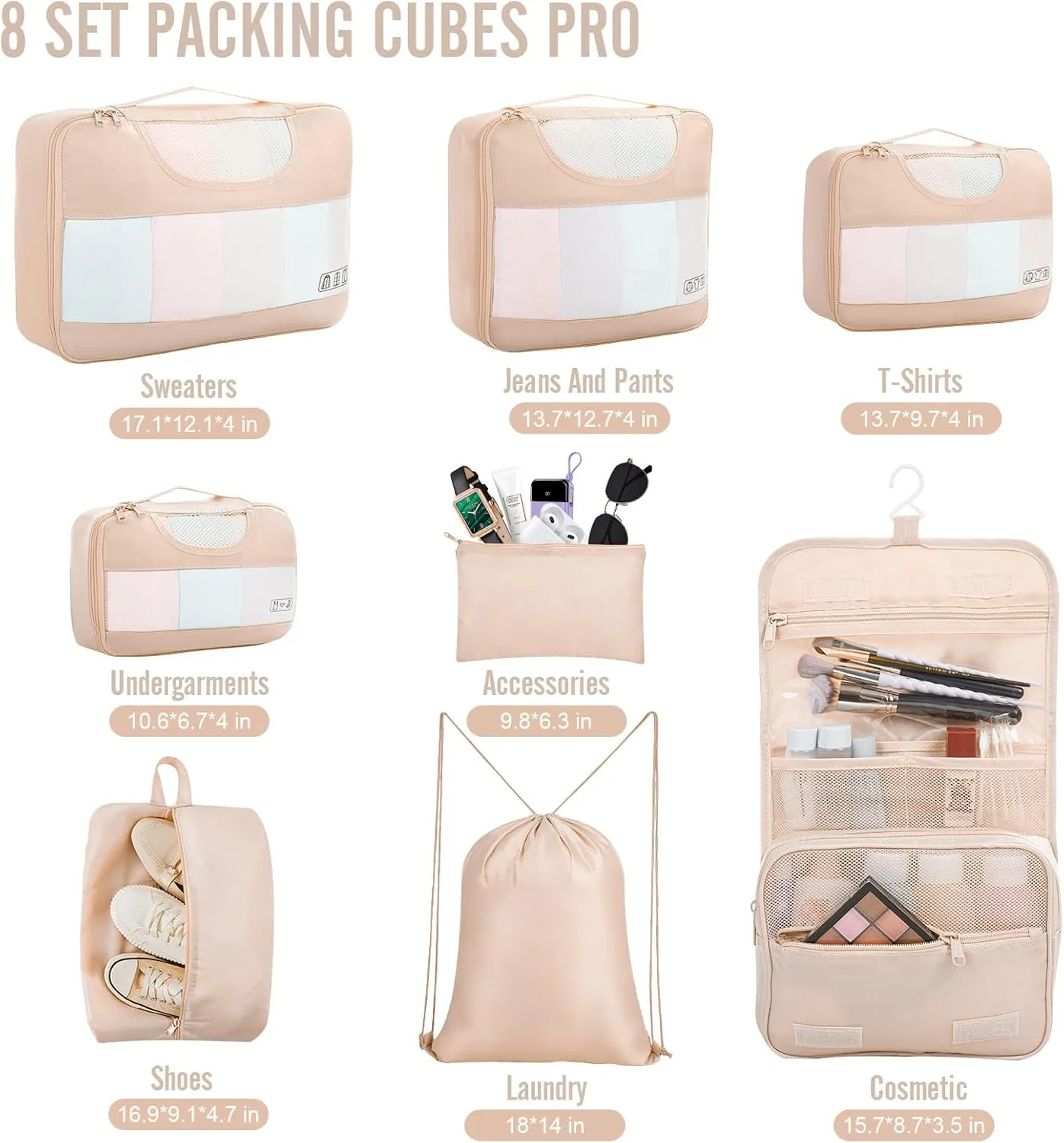 Veken 8 Set Packing Cubes for Travel, Gifts for Women Mom, Suitcase Organizer Bags for Luggage with Hanging Toiletry Bag and Shoe Bag, Vacation Essentials Travel Accessories for Cruise Ship