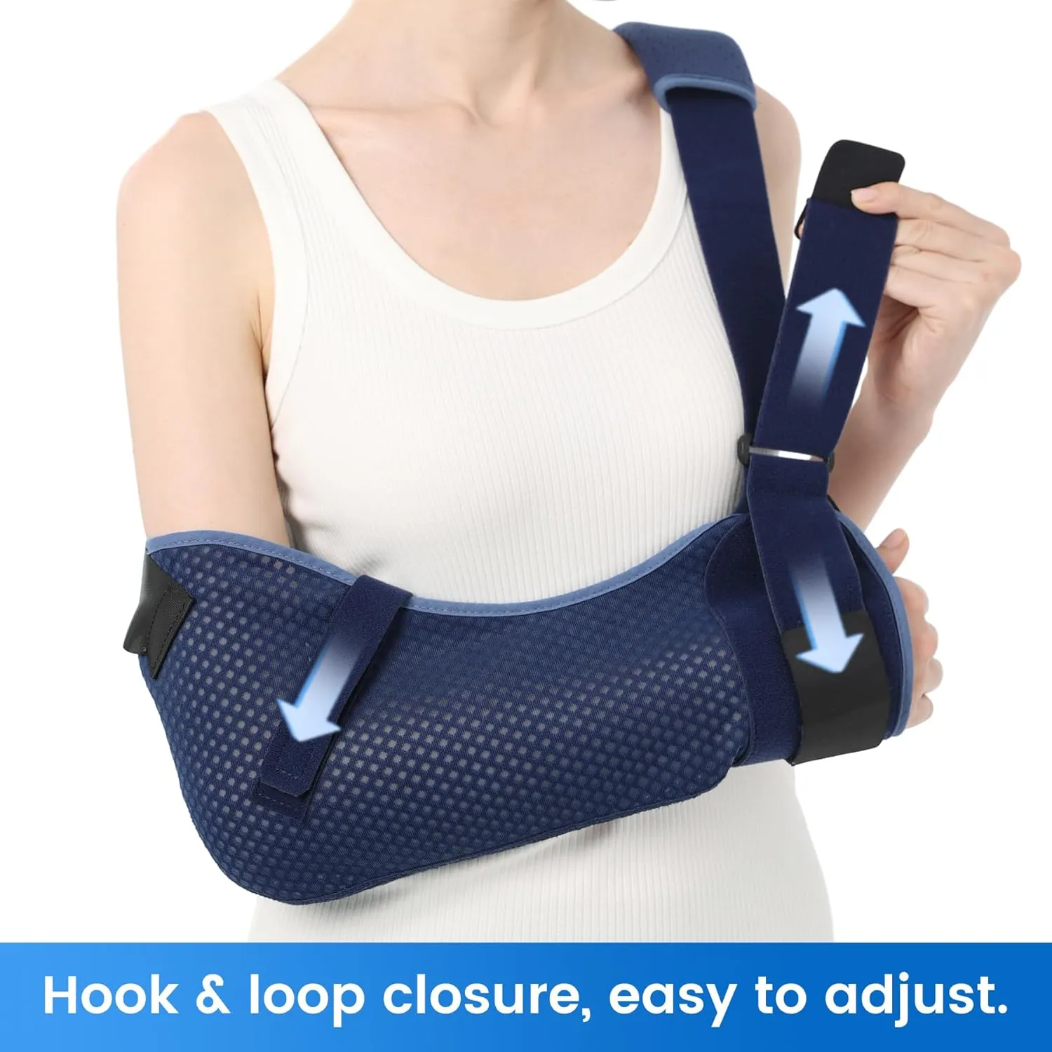 Velpeau Arm Sling Shoulder Immobilizer with Waist Strap, Ventilated & Breathable Design, Arm Support Brace for Shoulder, Rotator Cuff, Elbow, Hand injury (Mesh Version, Blue, Right, L: Bust 40-51)