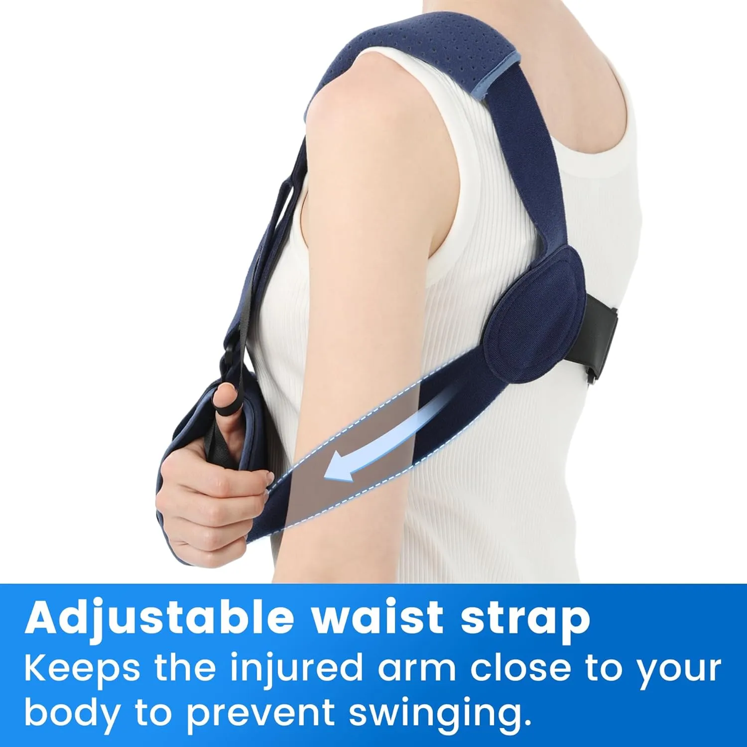 Velpeau Arm Sling Shoulder Immobilizer with Waist Strap, Ventilated & Breathable Design, Arm Support Brace for Shoulder, Rotator Cuff, Elbow, Hand injury (Mesh Version, Blue, Right, L: Bust 40-51)