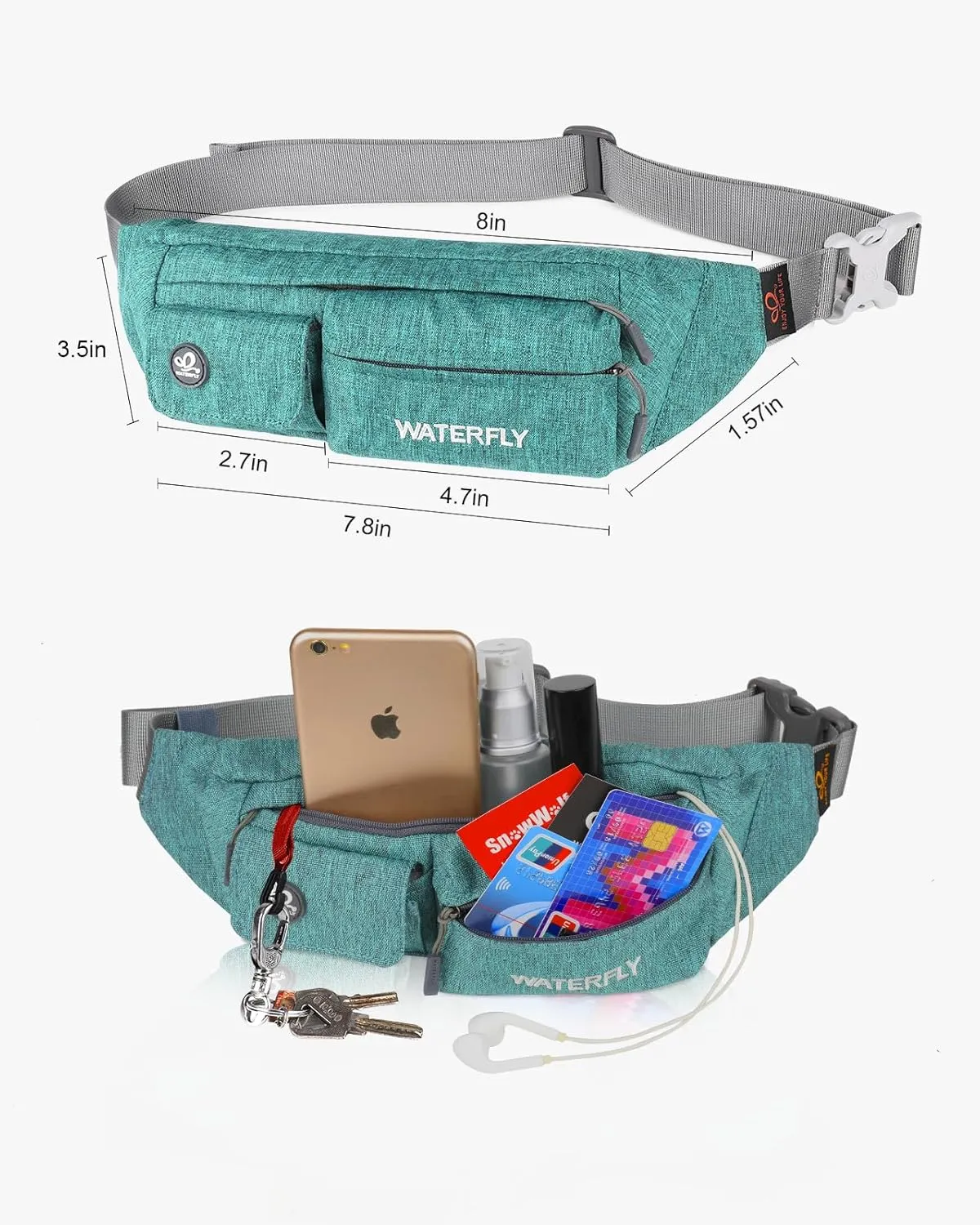 WATERFLY Fanny Pack for Women Men Water Resistant Small Waist Pouch Slim Belt Bag with 4 Pockets for Running Travelling Hiking Walking Lightweight Crossbody Chest Bag Fit All Phones