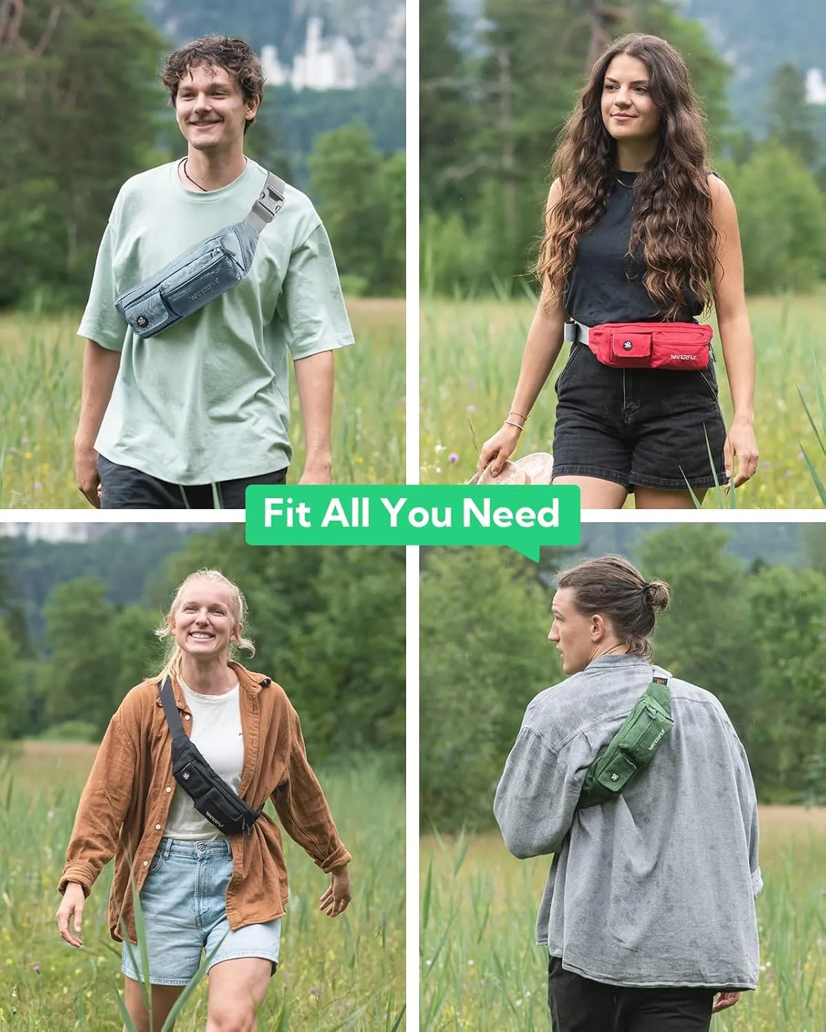 WATERFLY Fanny Pack for Women Men Water Resistant Small Waist Pouch Slim Belt Bag with 4 Pockets for Running Travelling Hiking Walking Lightweight Crossbody Chest Bag Fit All Phones