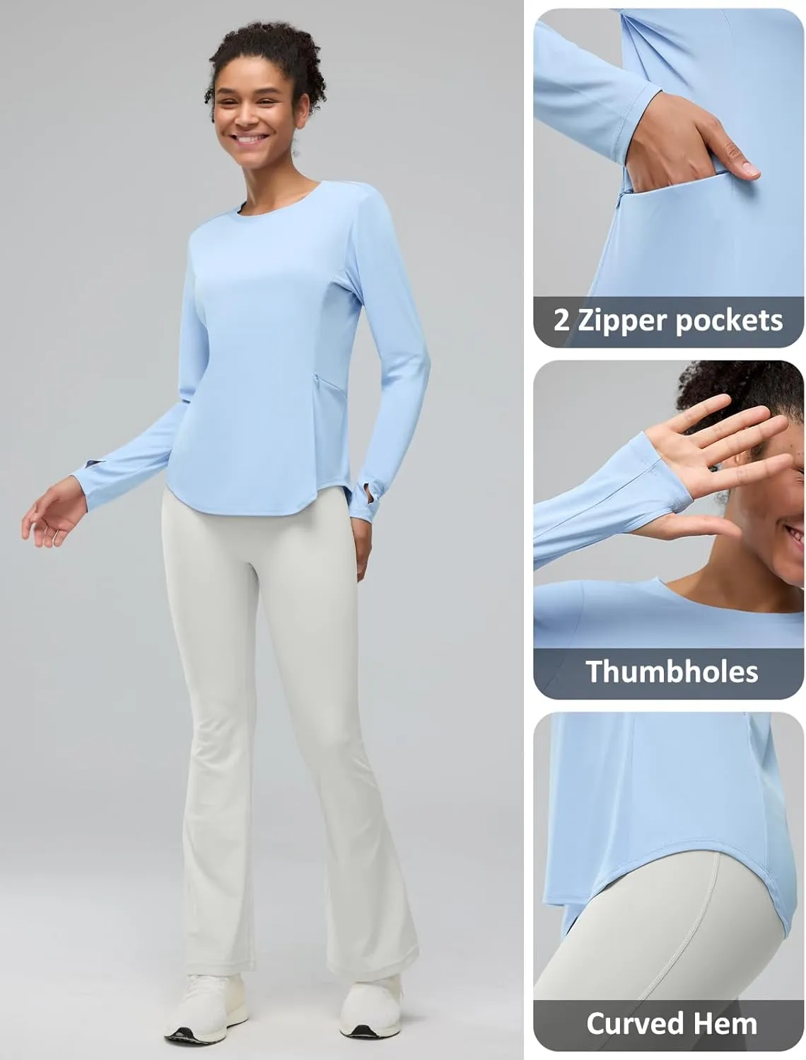 Womens Zipper Pockets Long Sleeve Rash Guard UPF 50  Sun Protection Shirts for Hiking Outdoor Workout Swim Shirt