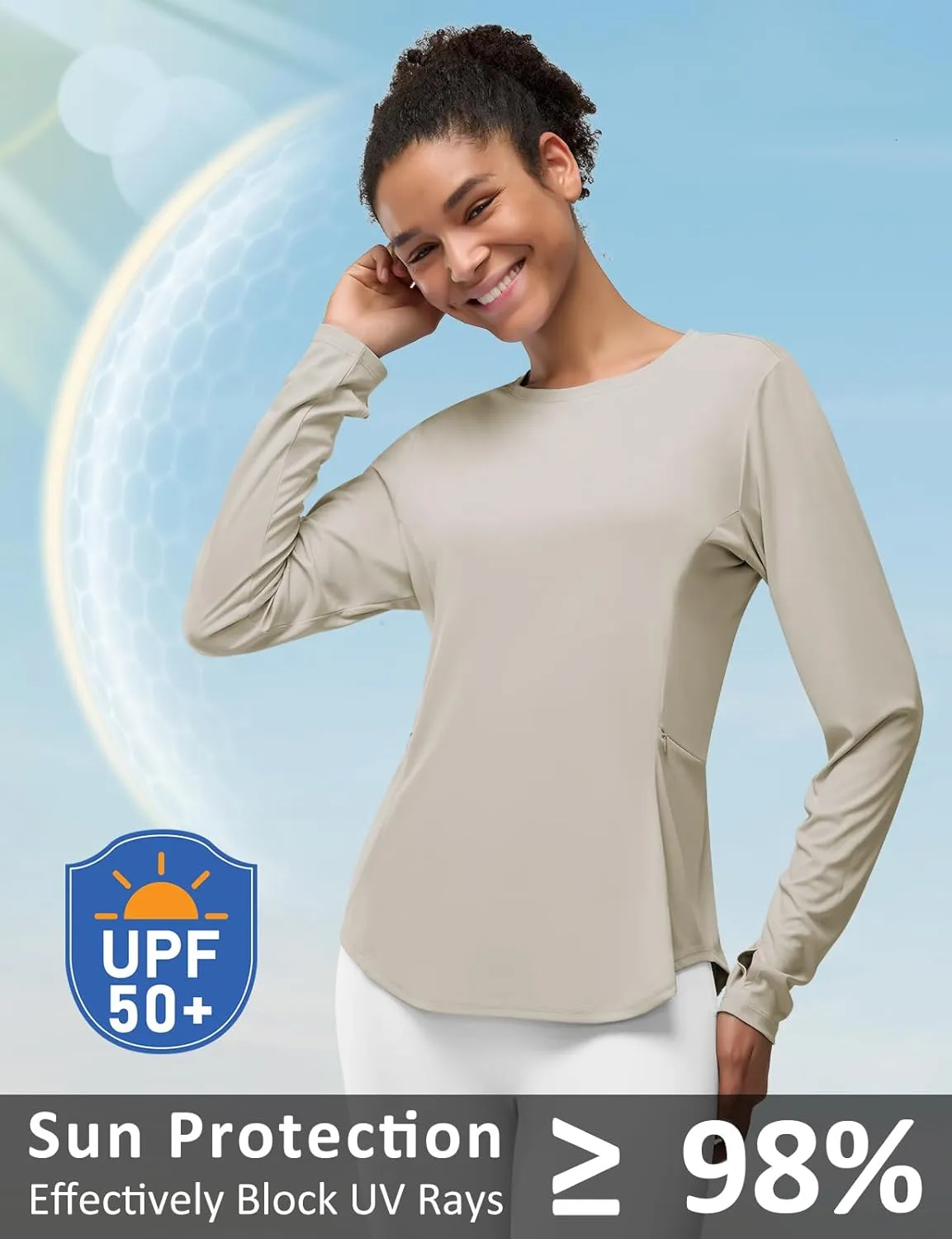 Womens Zipper Pockets Long Sleeve Rash Guard UPF 50  Sun Protection Shirts for Hiking Outdoor Workout Swim Shirt